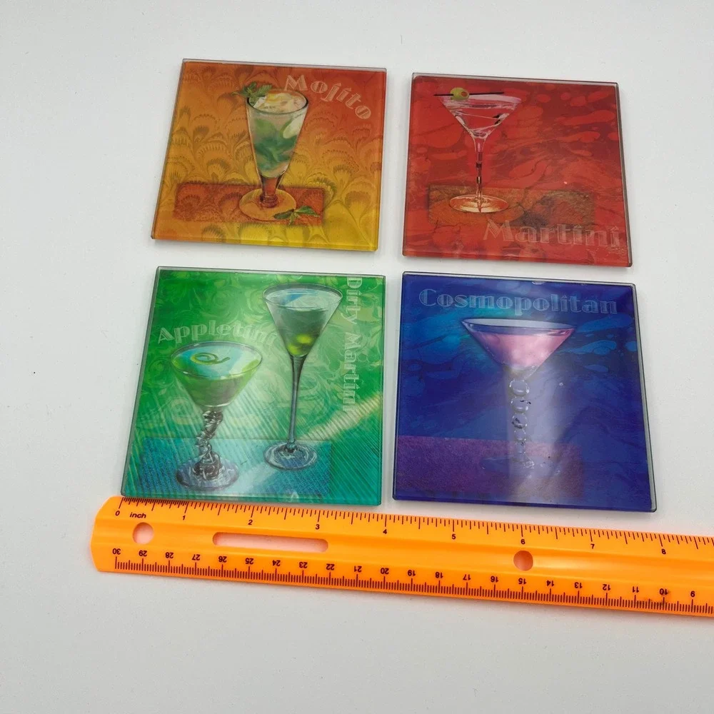 Cocktail Coasters Set of 4, Mojito Martini Cosmopolitan Appletini Drinks Barware